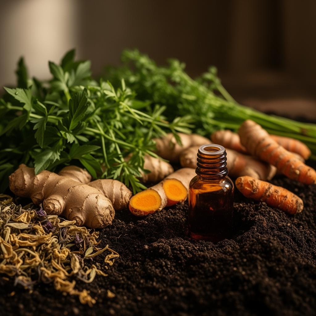 Fresh herbs, ginger, turmeric root and an amber wellness bottle resting on rich soil